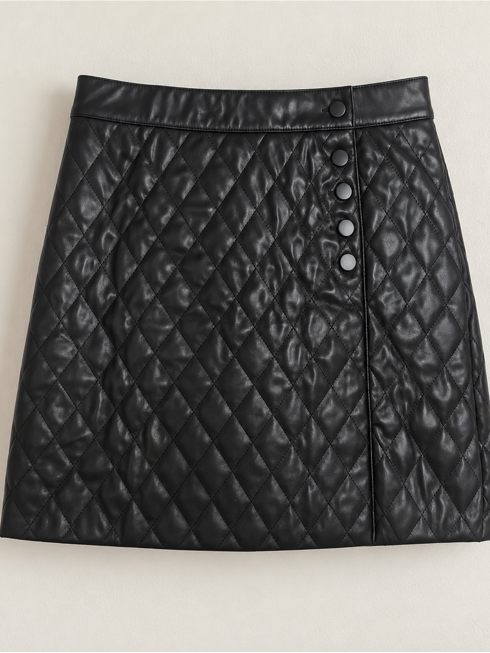 Entro Black Quilted Faux Leather Mini Skirt with Snap Button Detail